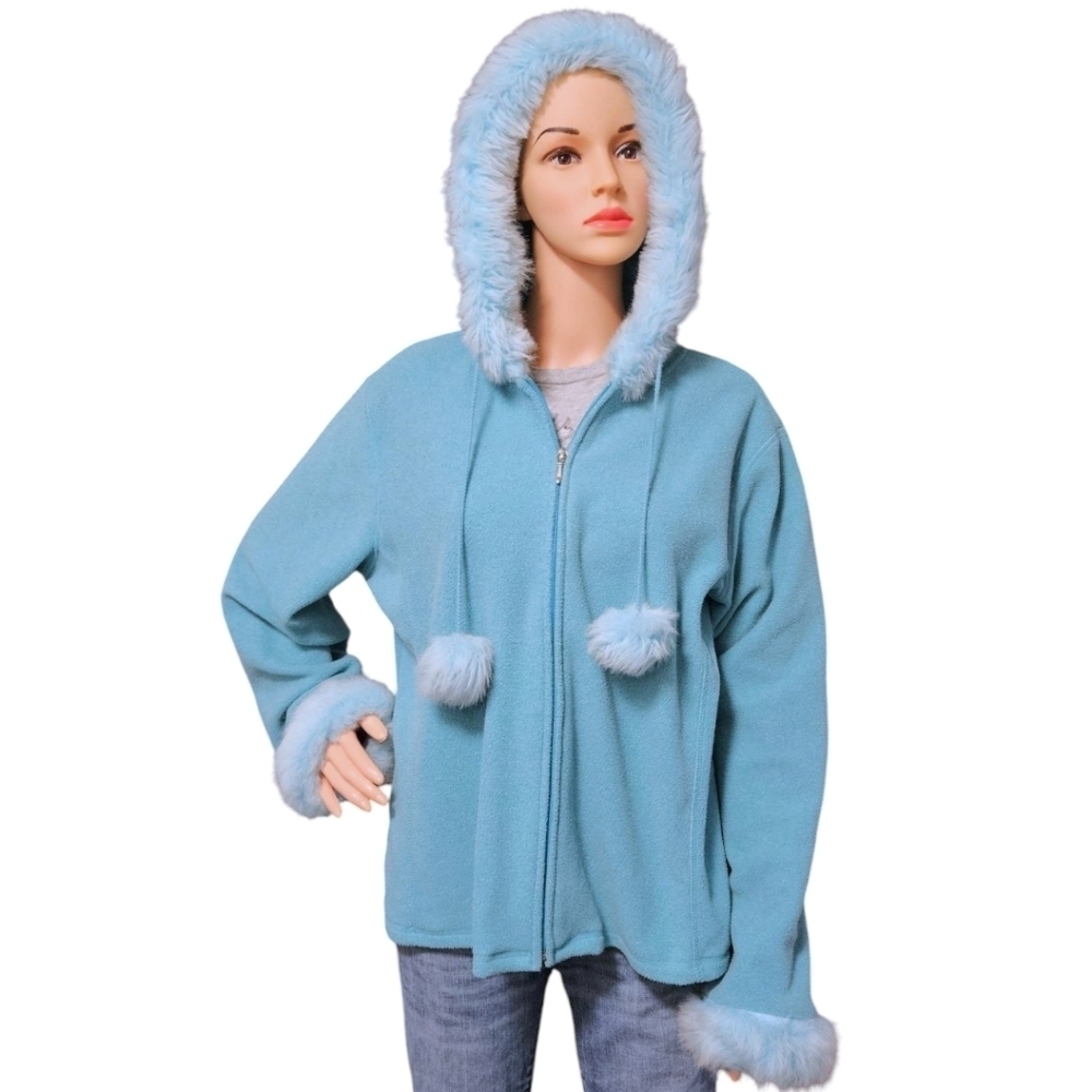 Wmns Vtg Y2K Fashion Bug Blue Hoodie With Faux Fur Trim Sz XL 90S/00S KAWAII